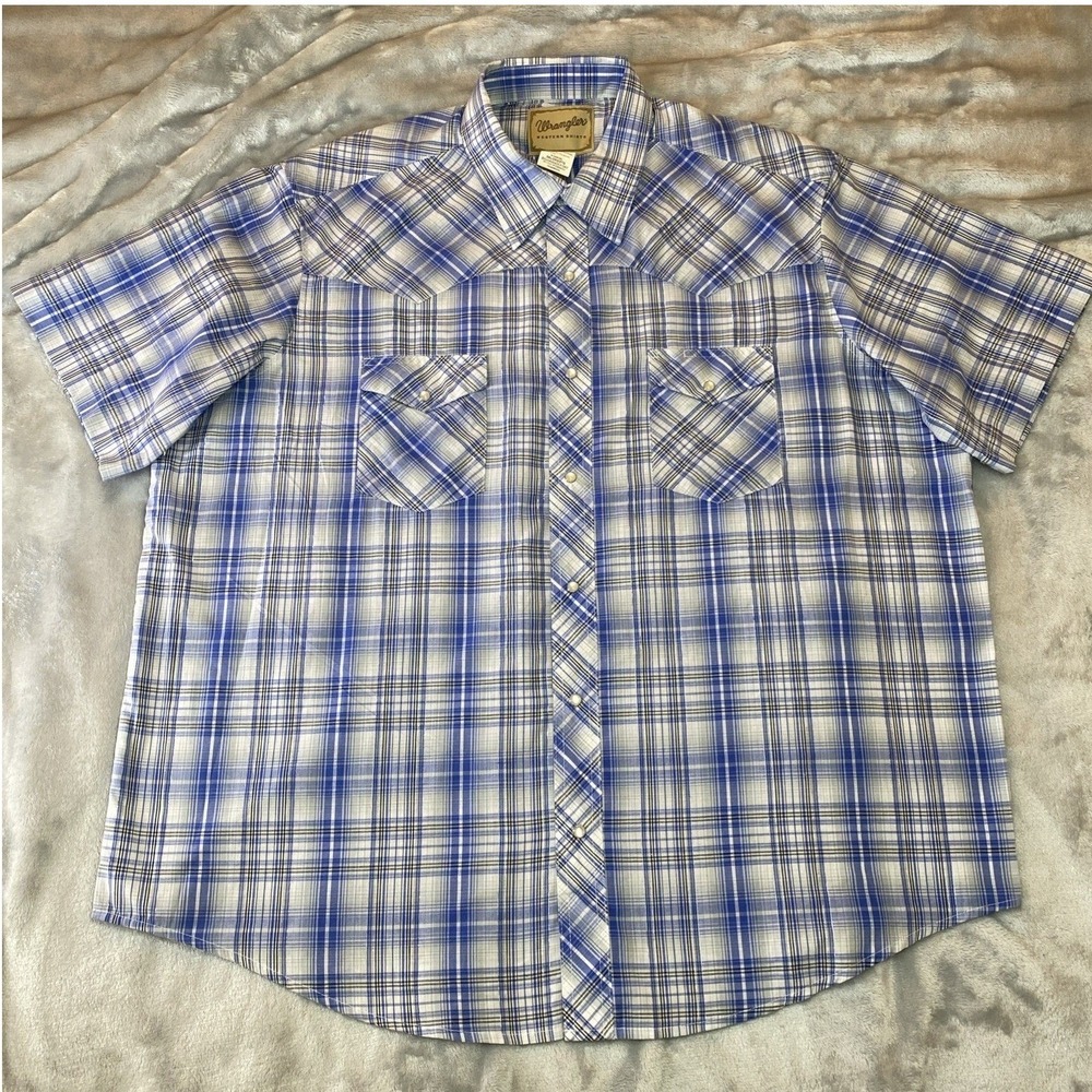 Wrangler Western Pearl Snap Short Sleeve Shirt Men's 2XL Big Blue Plaid Casual